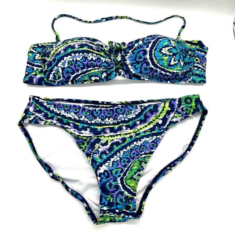Lauren Ralph Lauren Bandeau Top Bikini Paisley Print Blue Green Periwinkle Size